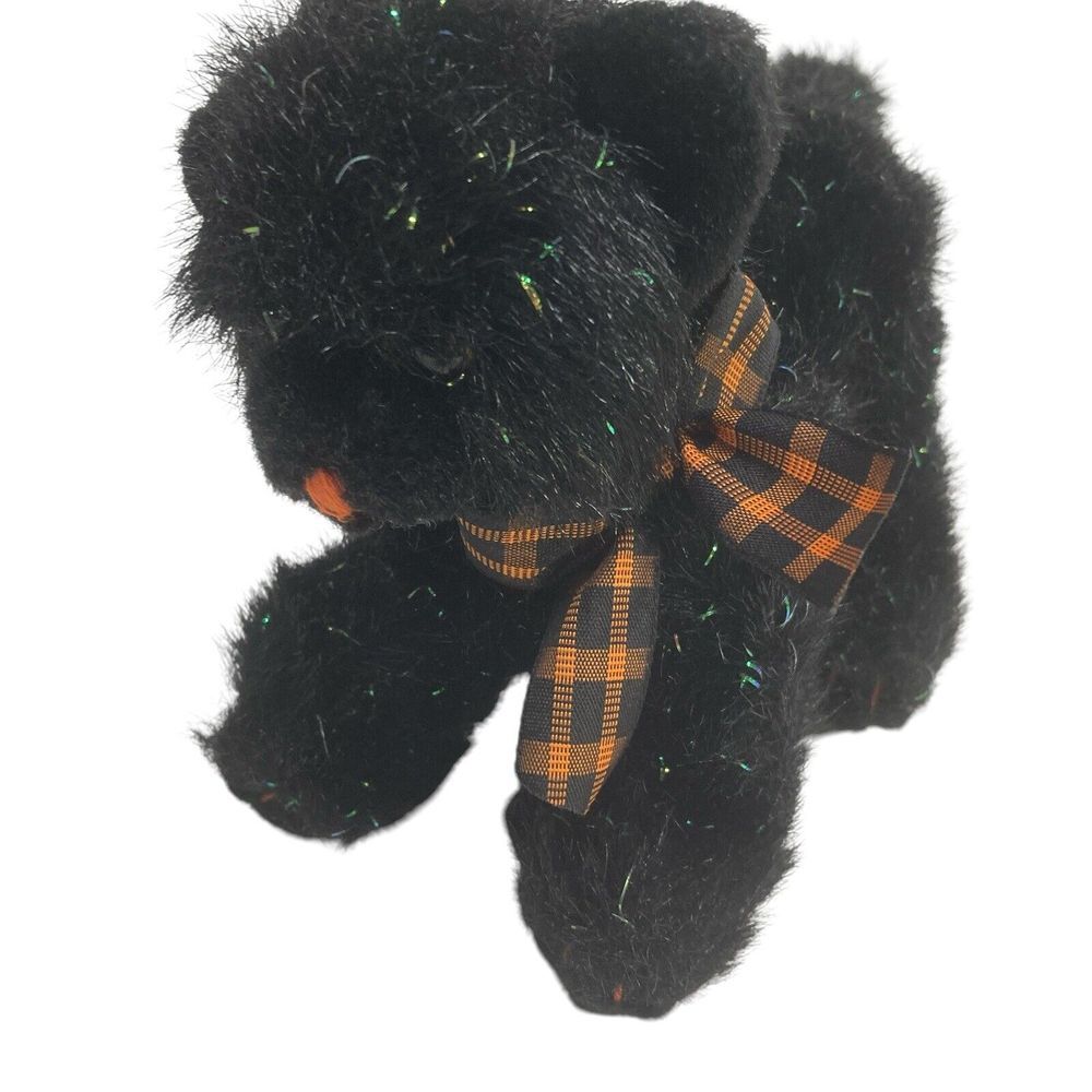 Vintage Russ Berrie Screech Plush Cat Stuffed Animal 7"‎ Black Green Bow